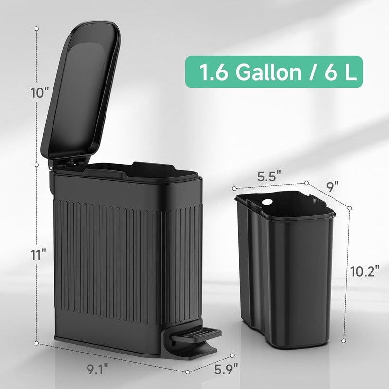 TIPGO Slim Bathroom Trash Can with Lid Soft Close, Step Pedal, 6 Liter / 1.6 Gallon Stainless Steel Trash Bin, Small Garbage Cans for Bedroom, Office, Kitchen (Black) - Image 5